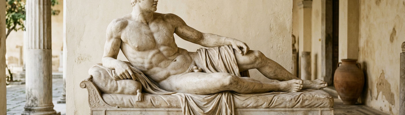 Griechische liegende nackte Skulptur als Sinnbild für Osteopathie.